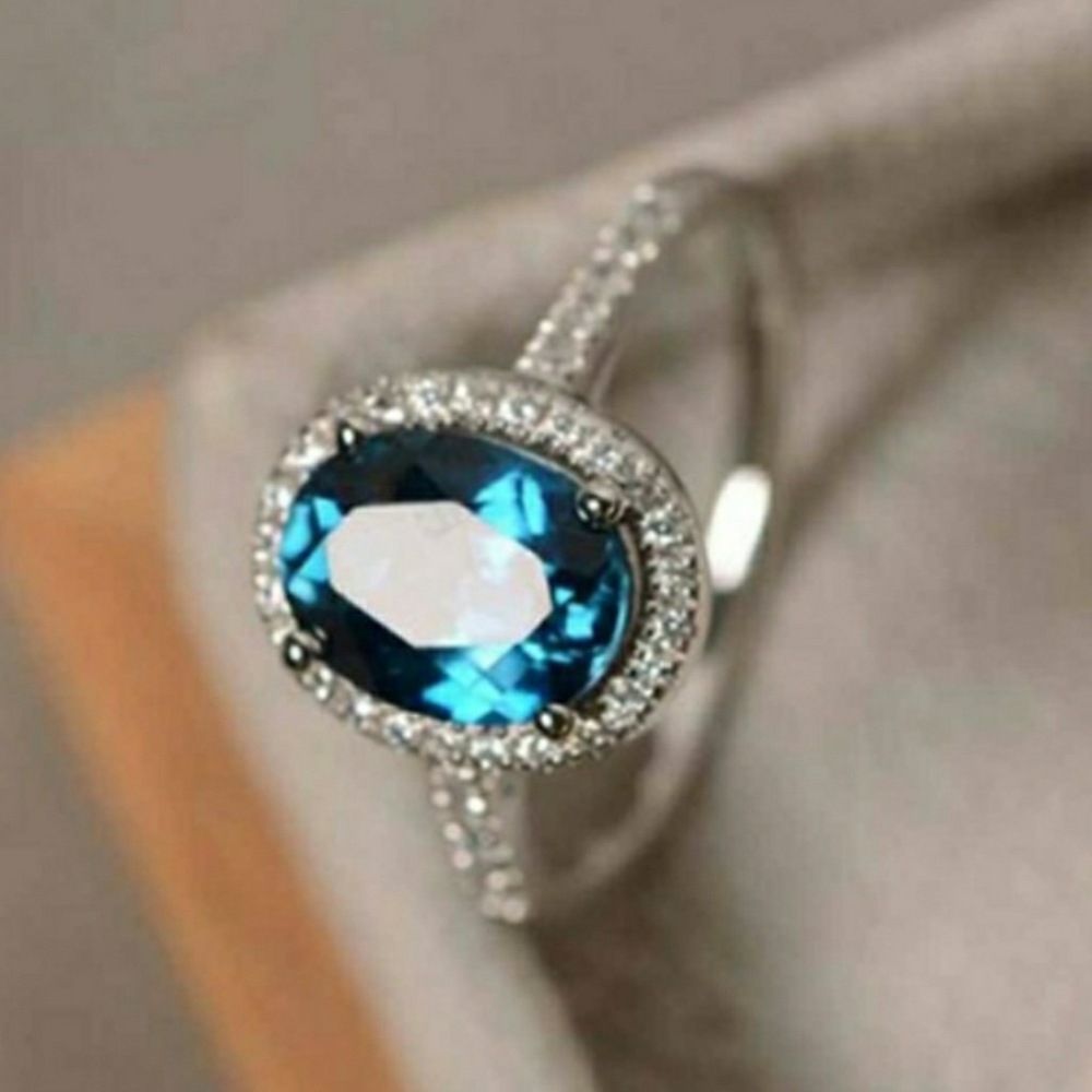 🎀925 Aquamarine Halo Ring - Picture 1 of 5